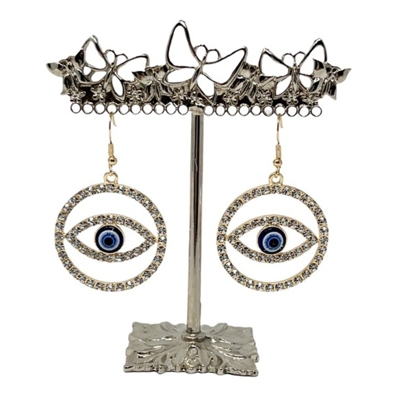 Evil Eye Earrings Rhinestone Statement Dangle Women's Gold Tone Jewelry - Picture 1 of 3